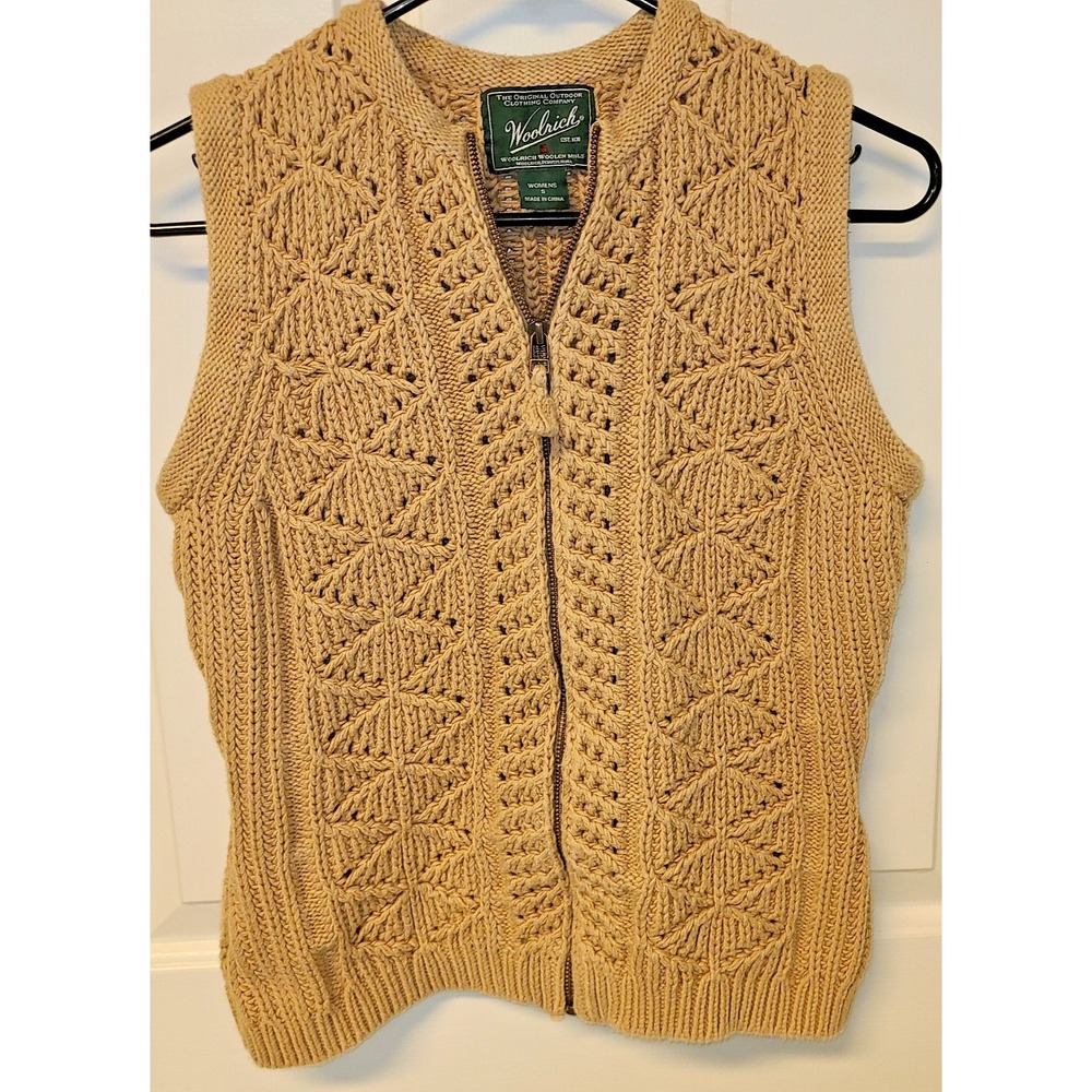Woolrich Woman's Sz Sm Full Zip Brown Cable Knit Sweater Vest Brown Grandmacore